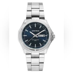 Armitron Watch Men 39mm Silver Tone Blue Dial Day Date Water Resistant 50M